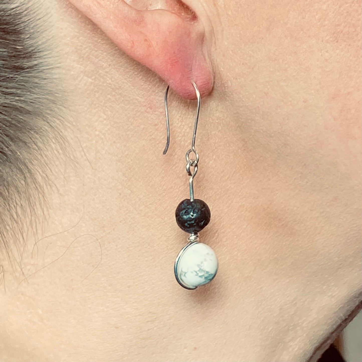 White howlite, lava and silver drop earrings