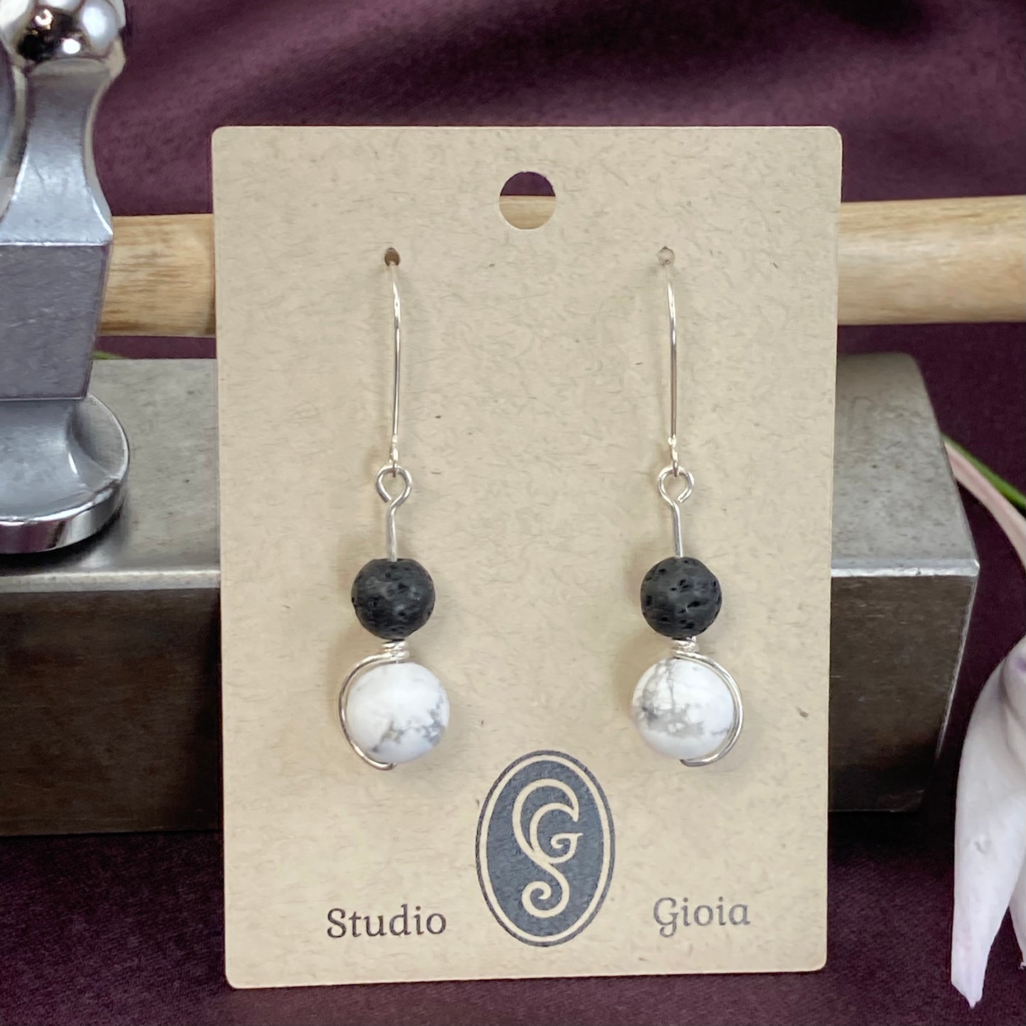 White howlite, lava and silver drop earrings