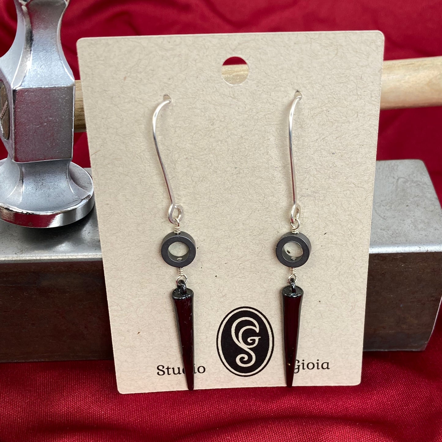 Hematite and steel spike earrings