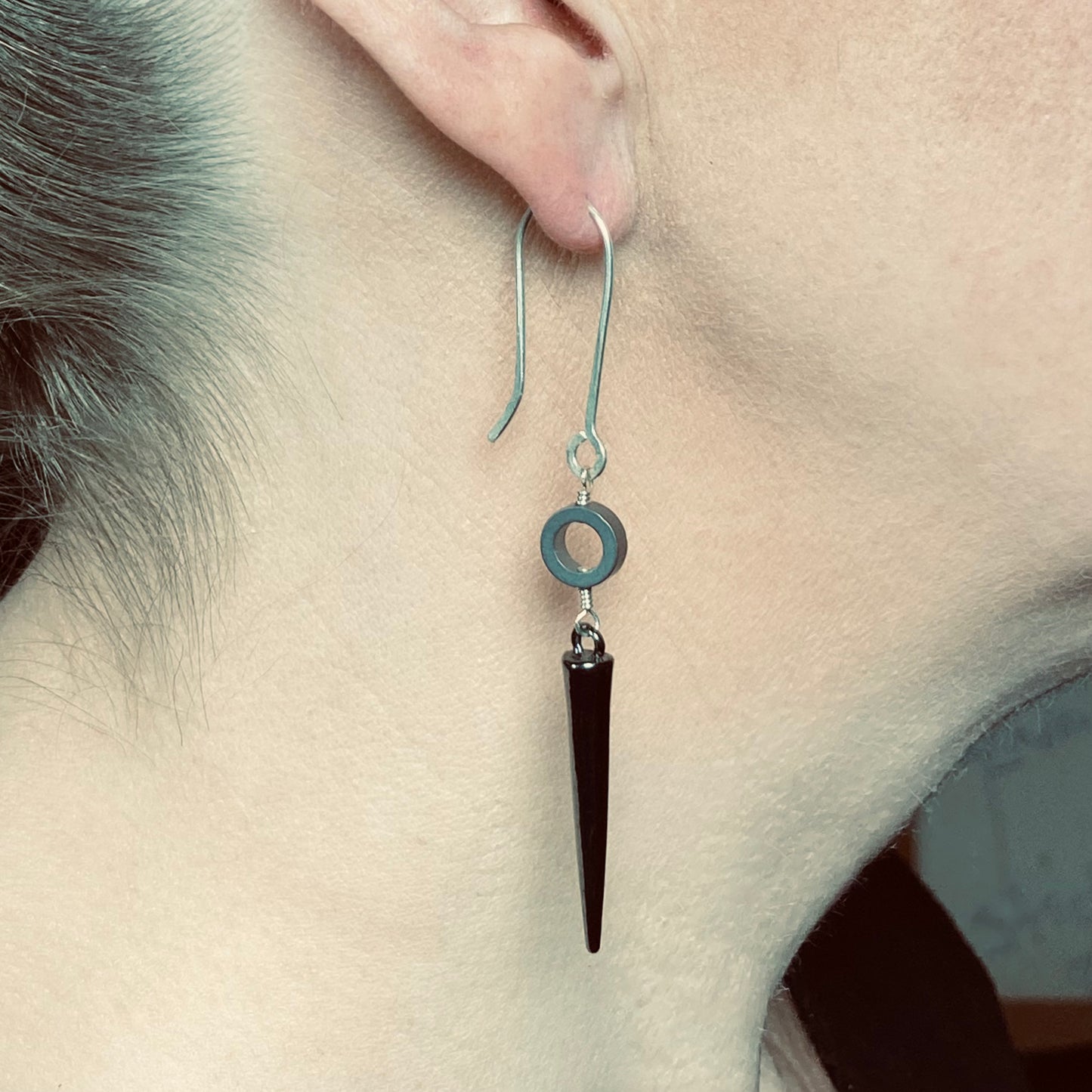 Hematite and steel spike earrings