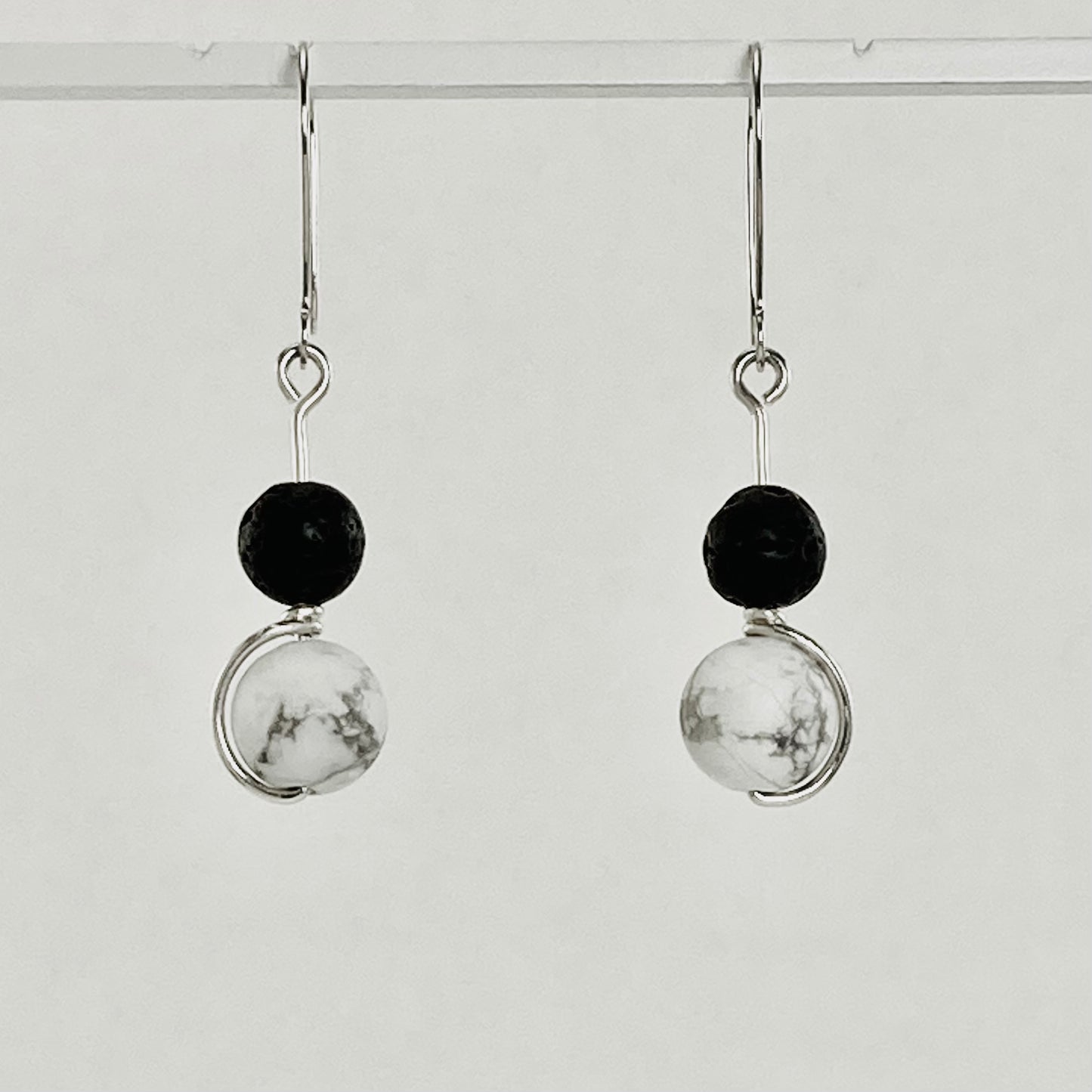 White howlite, lava and silver drop earrings