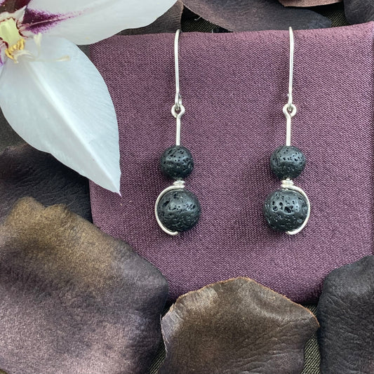 Lava and silver wire wrapped drop earrings
