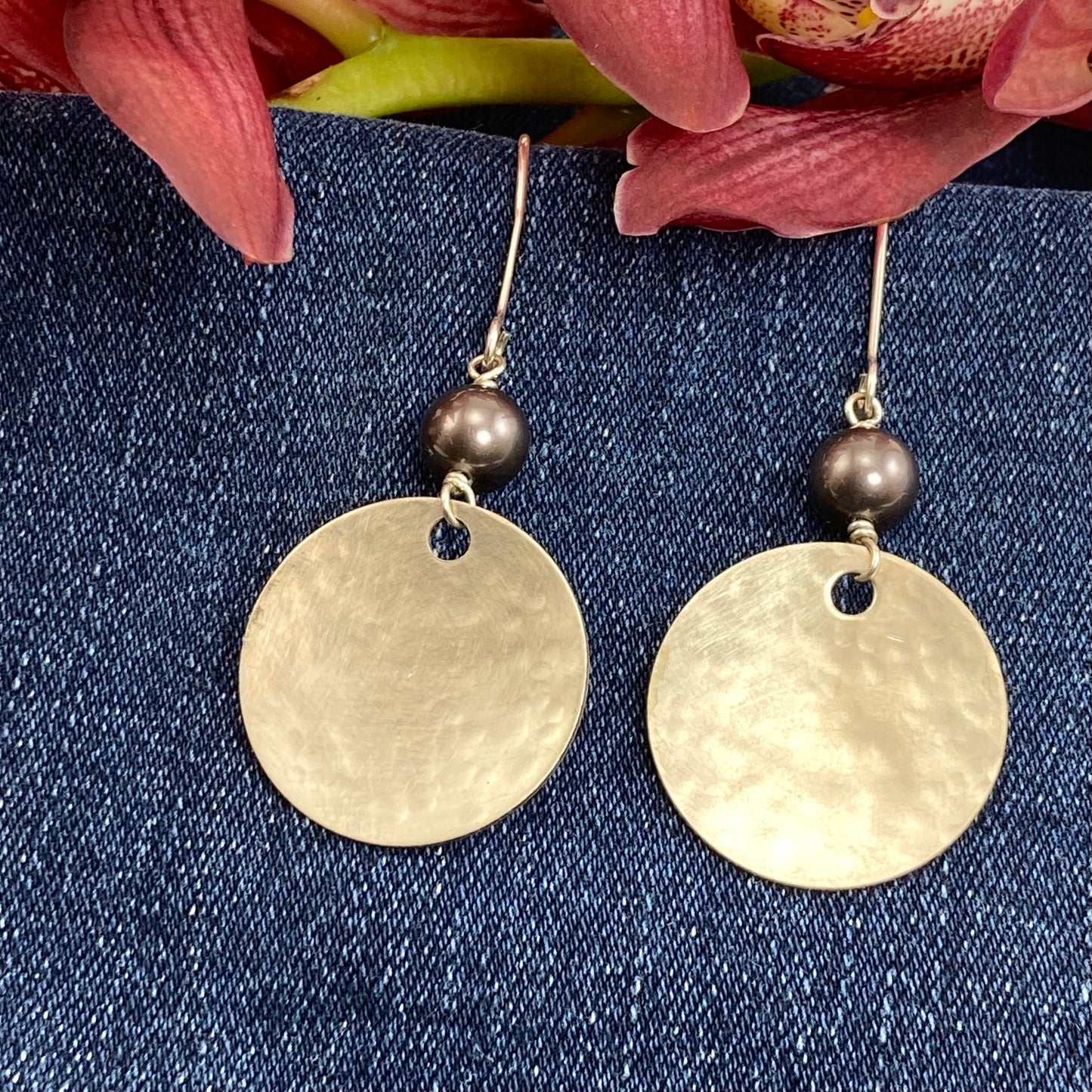 Silver and dark pearl dangle earrings