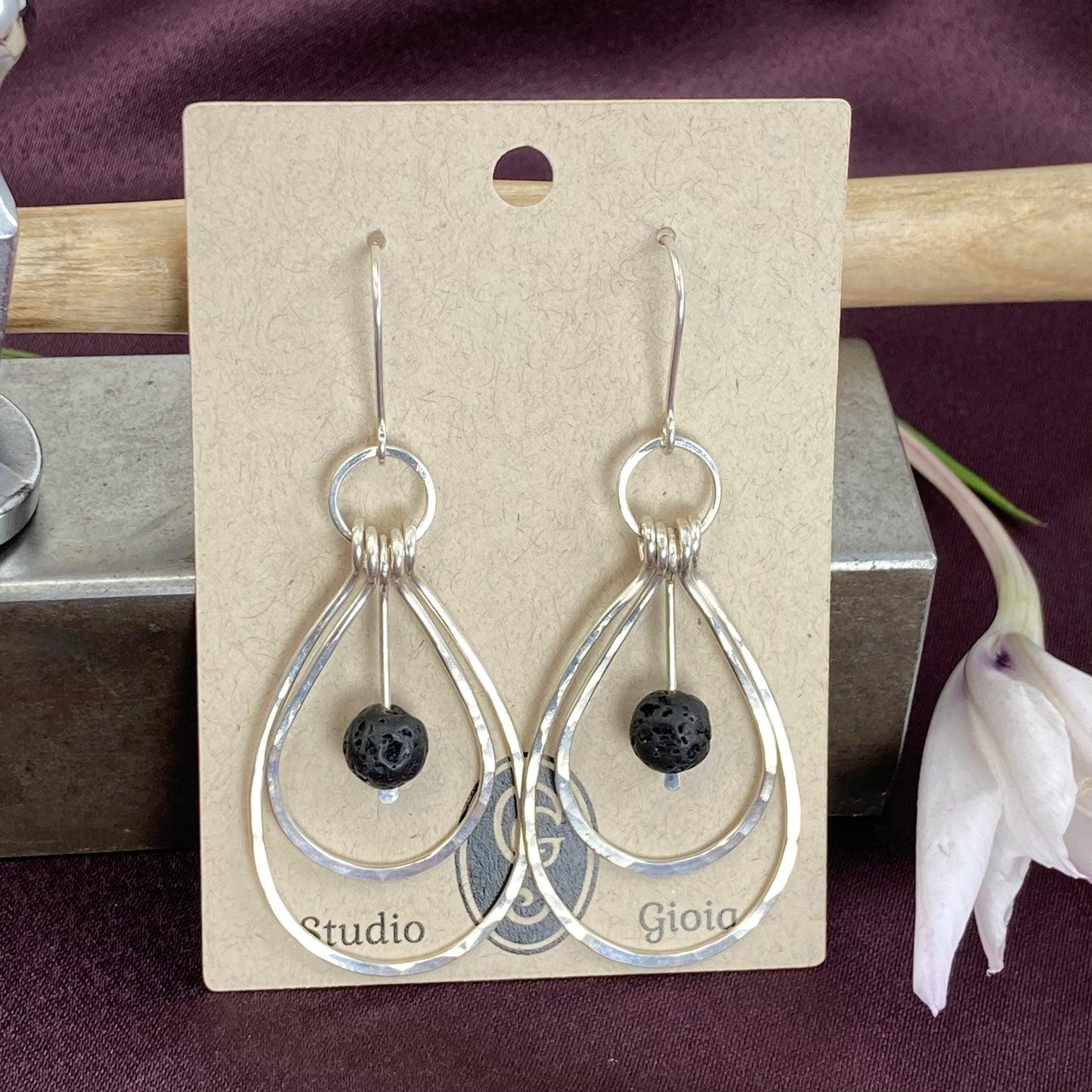 Hand formed Sterling silver and lava loop earrings