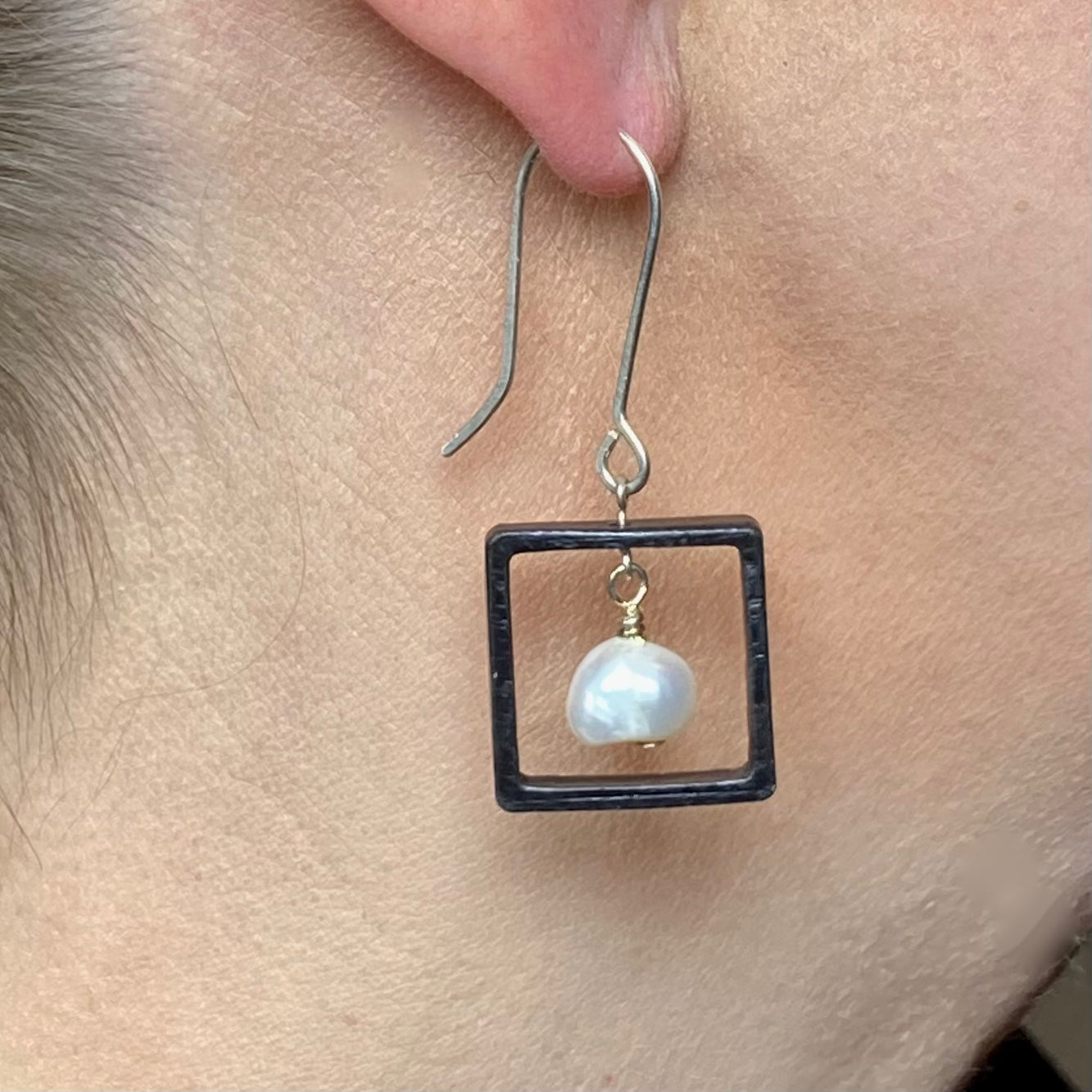 Blackened steel square and pearl earrings
