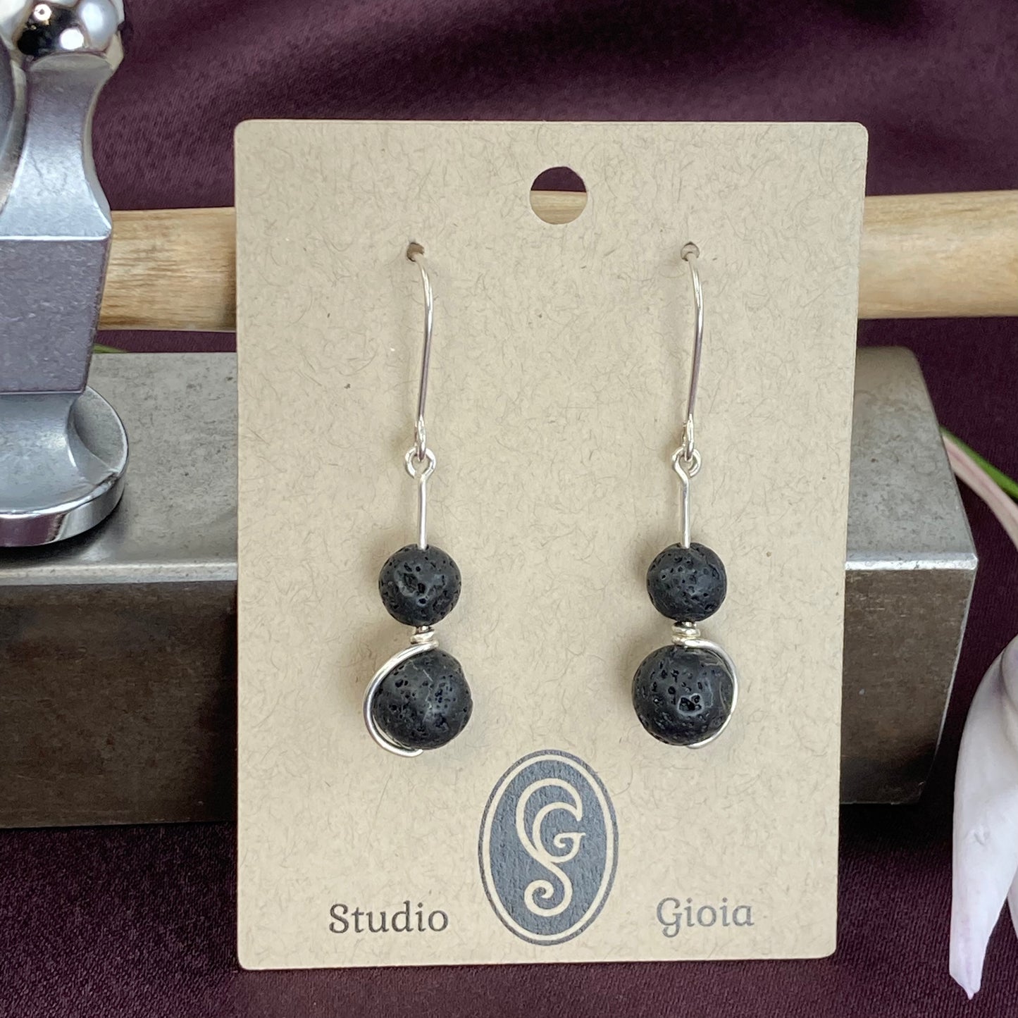 Lava and silver wire wrapped drop earrings